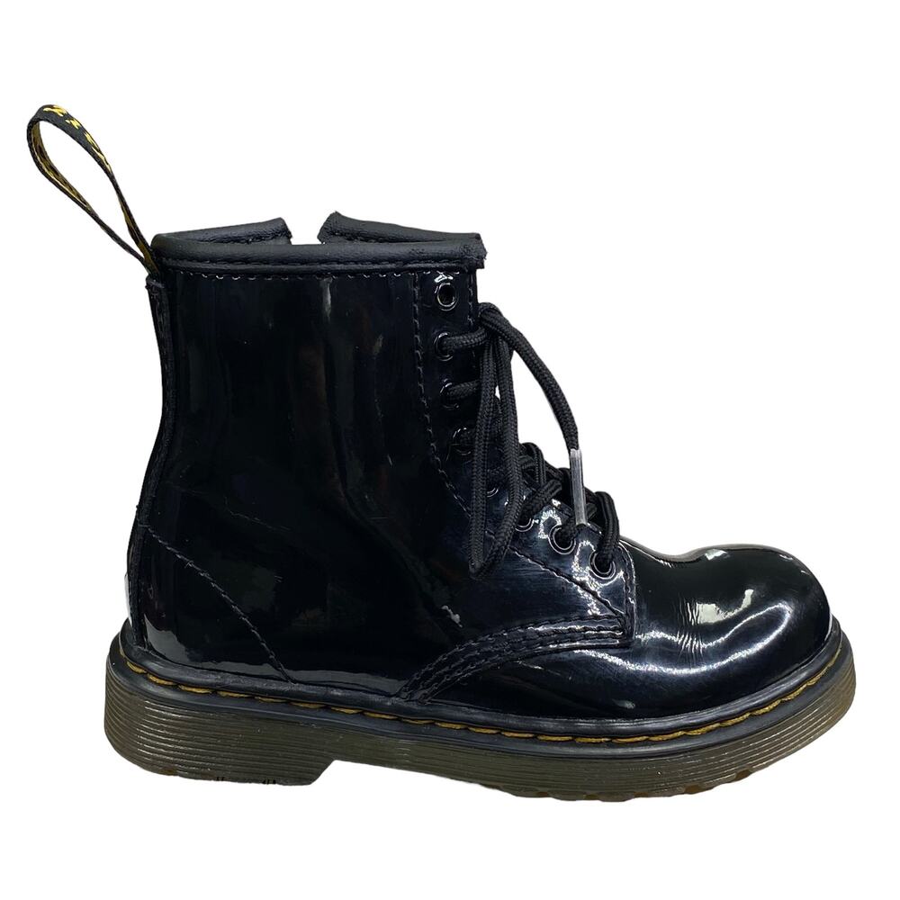 Dr. Martens Kids Glossy Black Patent Leather Combat Boot Size US 9